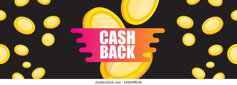 vector cash back icon with golden coins isolated on black horizontal background. cashback or money refund label horizontal banner