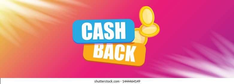vector cash back icon with golden coins isolated on violet horizontal background. cashback or money refund label horizontal banner