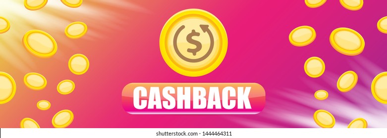 vector cash back icon with golden coins isolated on violet horizontal background. cashback or money refund label horizontal banner