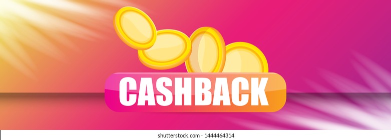 vector cash back icon with golden coins isolated on violet horizontal background. cashback or money refund label horizontal banner