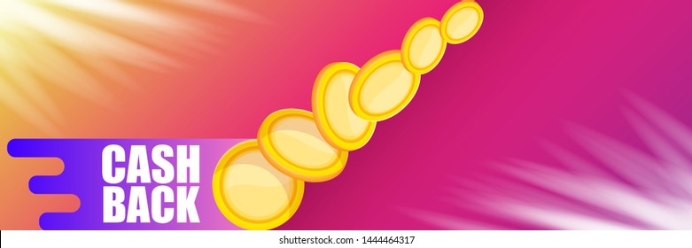 vector cash back icon with golden coins isolated on violet horizontal background. cashback or money refund label horizontal banner