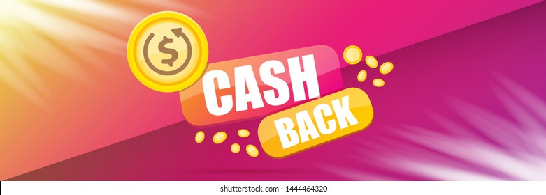 vector cash back icon with golden coins isolated on violet horizontal background. cashback or money refund label horizontal banner