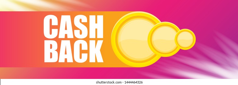 vector cash back icon with golden coins isolated on violet horizontal background. cashback or money refund label horizontal banner