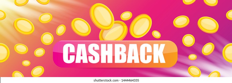 vector cash back icon with golden coins isolated on violet horizontal background. cashback or money refund label horizontal banner