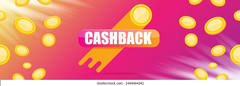 vector cash back icon with golden coins isolated on violet horizontal background. cashback or money refund label horizontal banner