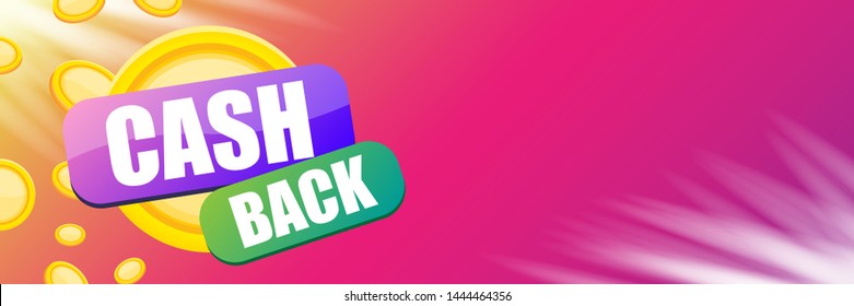 vector cash back icon with golden coins isolated on violet horizontal background. cashback or money refund label horizontal banner