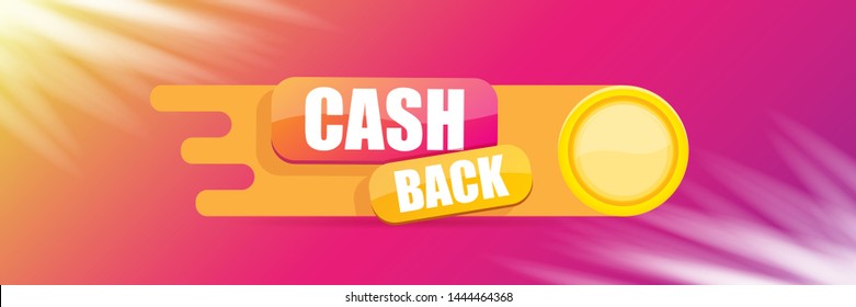 vector cash back icon with golden coins isolated on violet horizontal background. cashback or money refund label horizontal banner