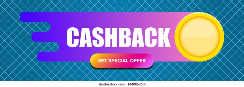 vector cash back icon with golden coins isolated on blue horizontal background. cashback or money refund label horizontal banner