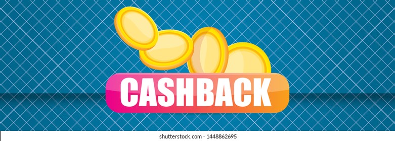 vector cash back icon with golden coins isolated on blue horizontal background. cashback or money refund label horizontal banner