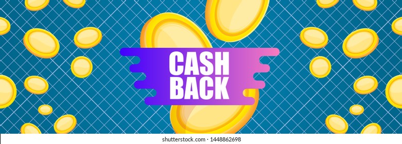 vector cash back icon with golden coins isolated on blue horizontal background. cashback or money refund label horizontal banner