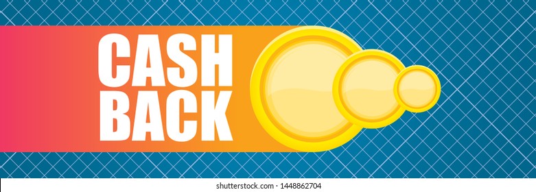 vector cash back icon with golden coins isolated on blue horizontal background. cashback or money refund label horizontal banner