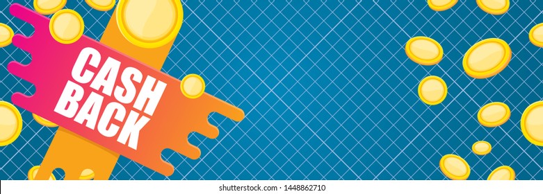 vector cash back icon with golden coins isolated on blue horizontal background. cashback or money refund label horizontal banner