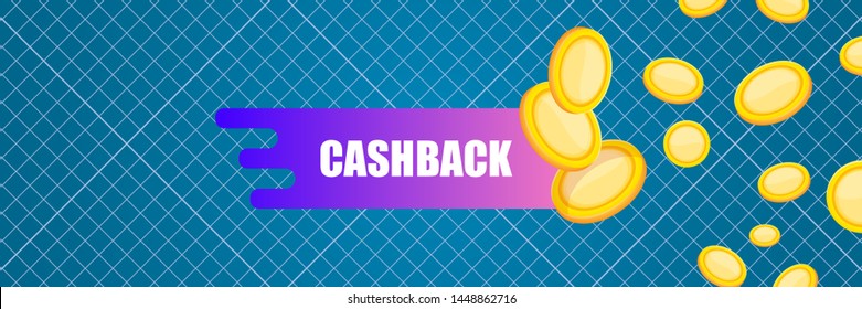 vector cash back icon with golden coins isolated on blue horizontal background. cashback or money refund label horizontal banner