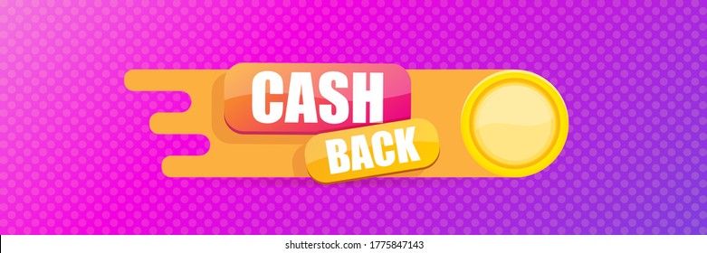 vector cash back icon with golden coins isolated on violet horizontal banner background. cashback or money refund label horizontal banner