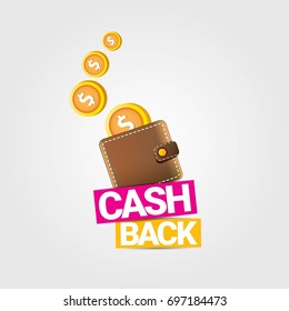 vector cash back icon with golden coins and wallet isolated on grey background. cashback or money refund label for banners and web sites