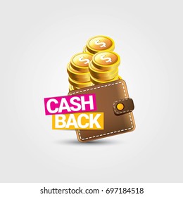 vector cash back icon with golden coins and wallet isolated on grey background. cashback or money refund label for banners and web sites