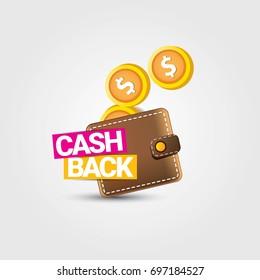 vector cash back icon with golden coins and wallet isolated on grey background. cashback or money refund label for banners and web sites