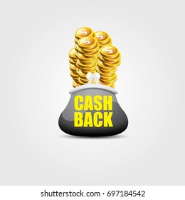 vector cash back icon with golden coins and wallet isolated on grey background. cashback or money refund label for banners and web sites