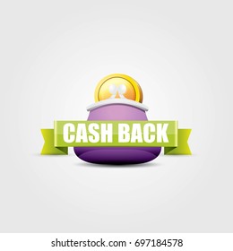 vector cash back icon with golden coins and wallet isolated on grey background. cashback or money refund label for banners and web sites