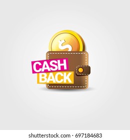 vector cash back icon with golden coins and wallet isolated on grey background. cashback or money refund label for banners and web sites