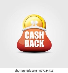 vector cash back icon with golden coins and wallet isolated on grey background. cashback or money refund label for banners and web sites