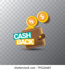 vector cash back icon with golden coins and wallet isolated on transparent background. cashback or money refund label