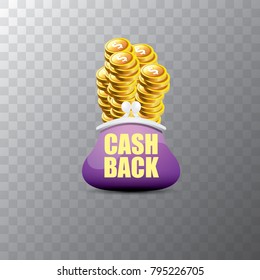 vector cash back icon with golden coins and wallet isolated on transparent background. cashback or money refund label