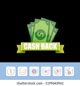vector cash back icon isolated on black background. cashback or money refund label