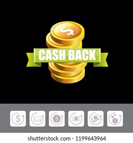 vector cash back icon isolated on black background. cashback or money refund label