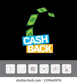 vector cash back icon isolated on black background. cashback or money refund label