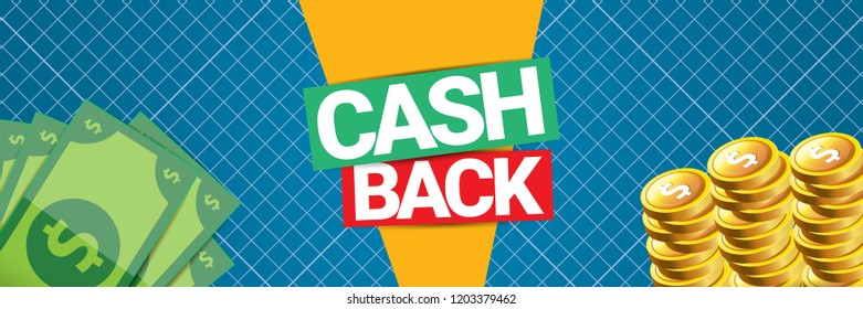 vector cash back icon isolated on blue background. cashback or money refund horizontal banner