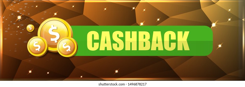 vector cash back icon isolated on golden crystal background. cashback or money refund horizontal banner