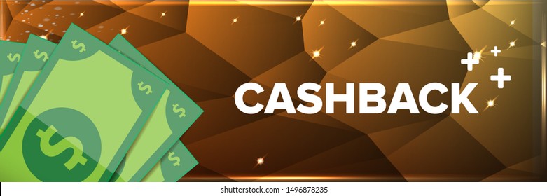 vector cash back icon isolated on golden crystal background. cashback or money refund horizontal banner