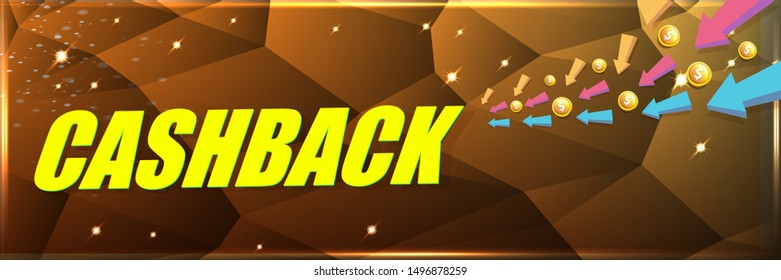 vector cash back icon isolated on golden crystal background. cashback or money refund horizontal banner