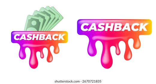 Ícone de reembolso de vetor isolado no plano de fundo branco. CASHBACK modelo de design de banner brilhante com papel-moeda. Ícone de marketing comercial