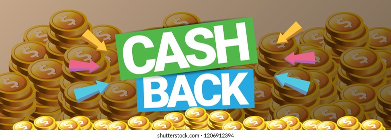 vector cash back icon on stack of golden coins background. cashback or money refund horizontal banner