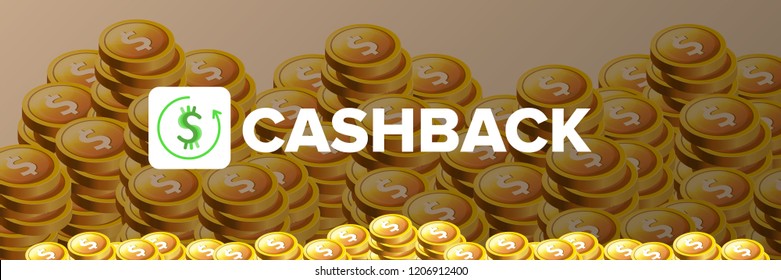 vector cash back icon on stack of golden coins background. cashback or money refund horizontal banner