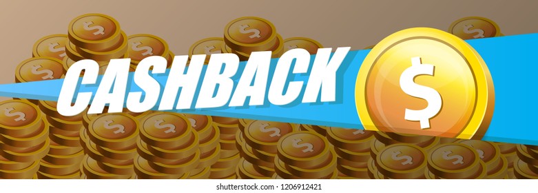 vector cash back icon on stack of golden coins background. cashback or money refund horizontal banner