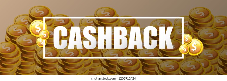 vector cash back icon on stack of golden coins background. cashback or money refund horizontal banner