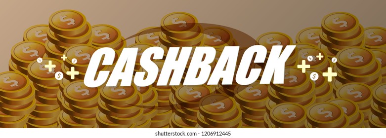 vector cash back icon on stack of golden coins background. cashback or money refund horizontal banner