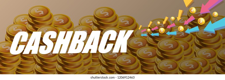 vector cash back icon on stack of golden coins background. cashback or money refund horizontal banner