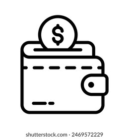 Vector de billetera de efectivo, ícono de billetera con moneda de dólar en estilo editable
