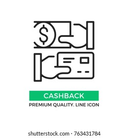 Vector cashback icon. Cash back. Hand holding credit card and hand holding dollar bill. Premium quality graphic design element. Modern sign, linear pictogram, outline symbol, simple thin line icon