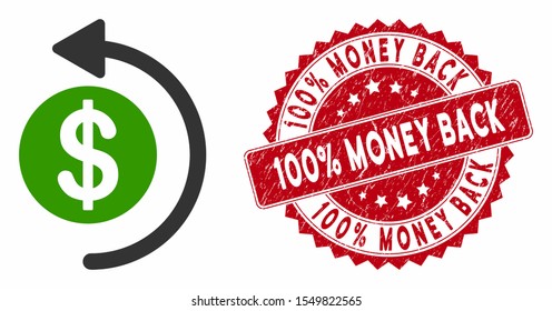 Vector cashback icon and corroded round stamp seal with 100% Money Back caption. Flat cashback icon is isolated on a white background. 100% Money Back stamp seal uses red color and scratched texture.