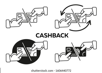 VECTOR CASHBACK ICON SET. Cash back. Hand holding a credit card and hand holding a dollar bill. Modern sign, linear pictogram, outline symbol, simple thin line icon
