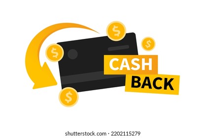 Vector cashback label with debit card and arrow. Business cash back icon. Return of money from purchases. Modern cashback banner. 