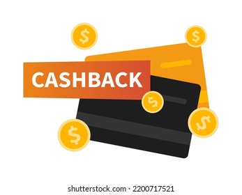 Etiqueta de devolución de vectores con tarjetas de débito. Icono de devolución de efectivo comercial. Retorno de dinero de compras. Banner moderno de cashback. 