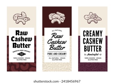 Vector cashew butter labels in modern style. Vector cashew illustrations and patterns