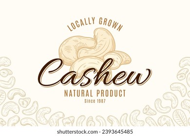 Logotipo vintage de nueces de cajú vectorial, diseño de etiquetas alimentarias, núcleos de nueces de cajú