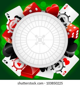 Vector casino background with cardes, dices and roulette